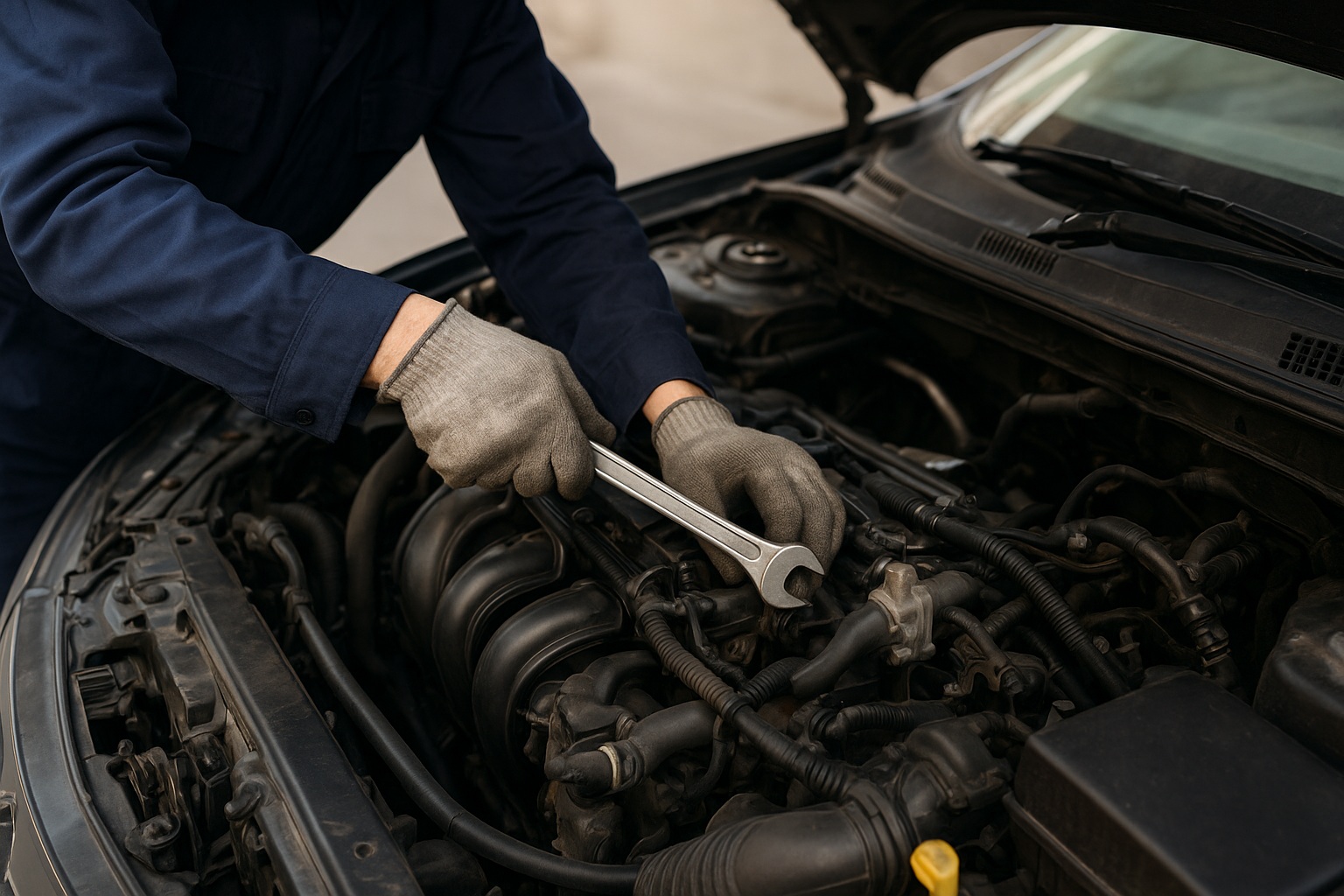 Mecánico trabajando en motor de automóvil